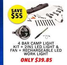 4 Bar Camp Light Kit + 2in1 LED Light & Fan + Rechargeable LED Work Light