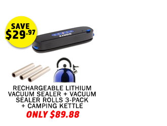 Rechargeable Lithium Vacuum Sealer + Vacuum Sealer Rolls 3-Pack + Camping Kettle