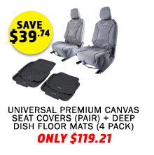 Universal Premium Canvas Seat Covers (Pair) + Deep Dish Floor Mats (4 Pack)