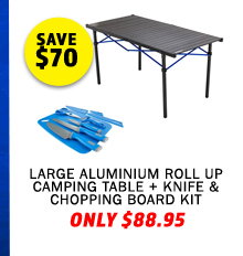 Large Aluminium Roll Up Camping Table + Knife & Chopping Board Kit