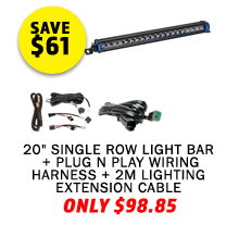 20 Single Row Light Bar + Plug N Play Wiring Harness + 2m Lighting Extension Cable