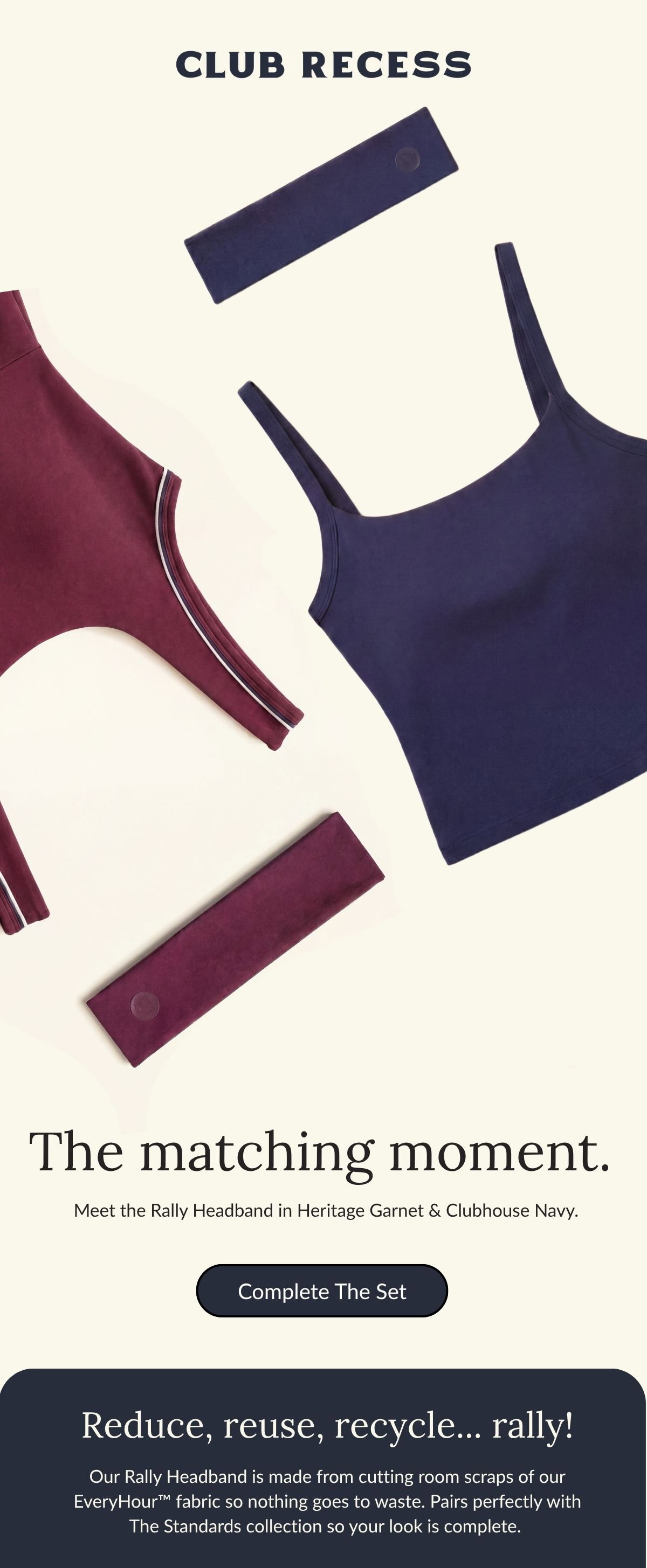 The matching moment. Meet the Rally Headband in Heritage Garnet & Clubhouse Navy.