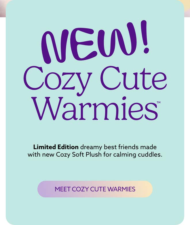 A blue text card. Shop Cozy Cute Warmies.