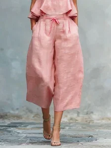 Image of Casual Solid Relaxed Cropped Lace-up Wide Leg Pants