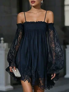 Image of Elegant Plain Lace Spaghetti Mini Dress
