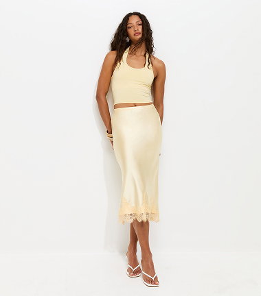 Light Yellow Satin Scalloped Lace Hem Midi Skirt