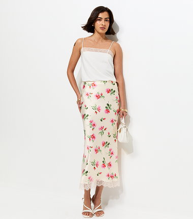 White Rose Print Lace Trim Midi Skirt