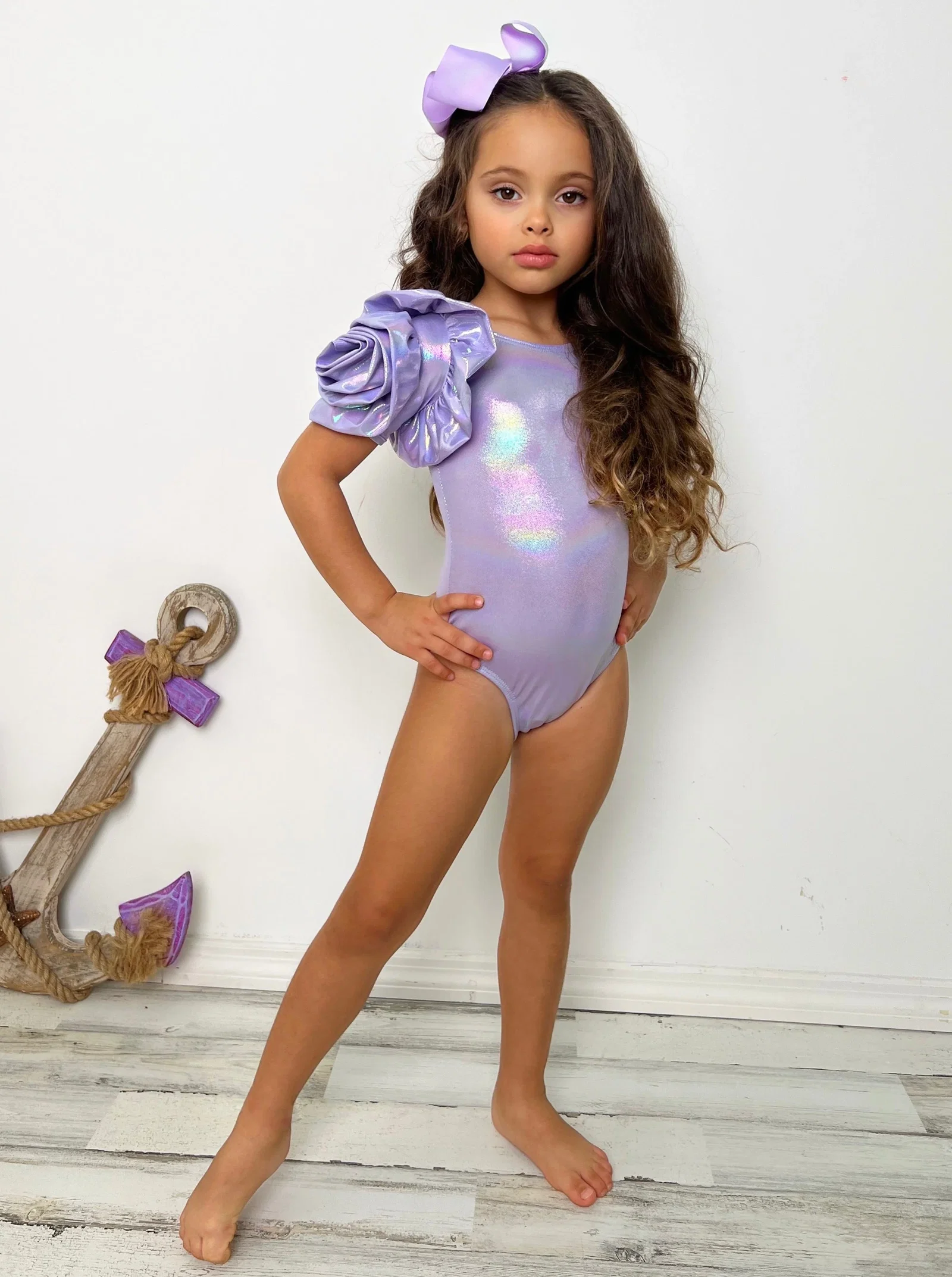Image of Blooming Rose Sleeve Metallic Purple One Piece Swimsuit