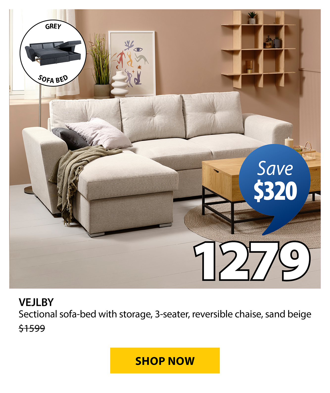 VEJLBY Sectional sofa-bed with storage | Save $320