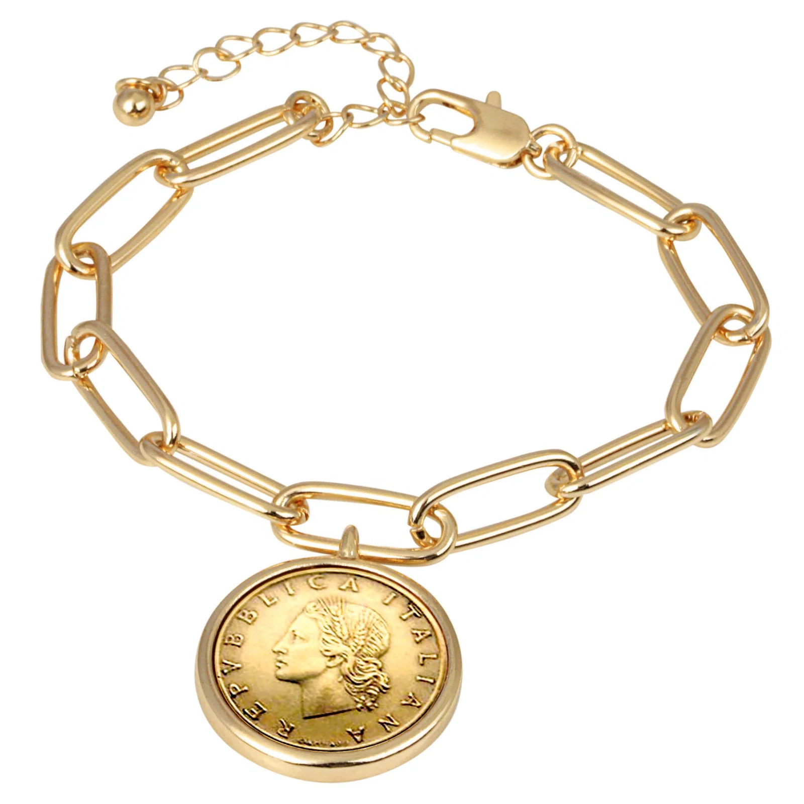 Image of Italian Genuine 20 Lira Coin Goldtone Elongated Link Bracelet
