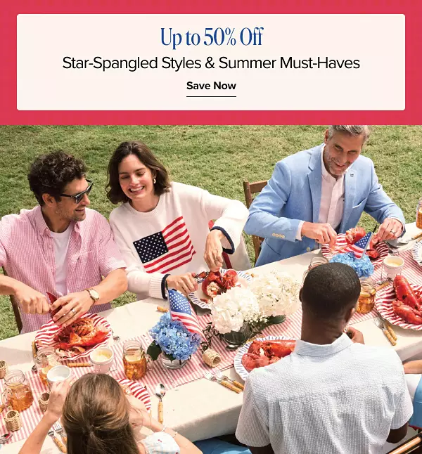 Up to 50% off star spangled styles and summer must haves. Save now. A group of friends outside eating a Fourth of July lunch together.