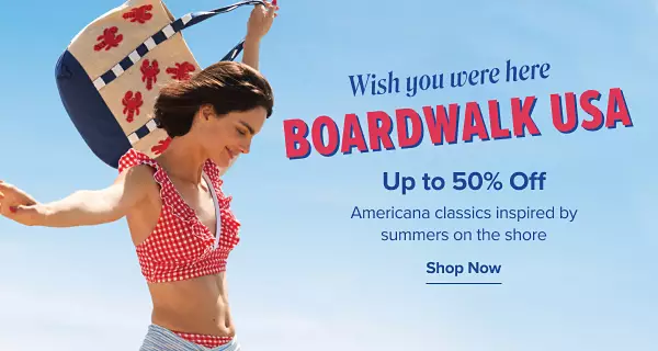Wish you were here Boardwalk USA. Up to 50% off americana classics inspired by summers on the shore. Shop now. A woman in a red and white checkered bikini.