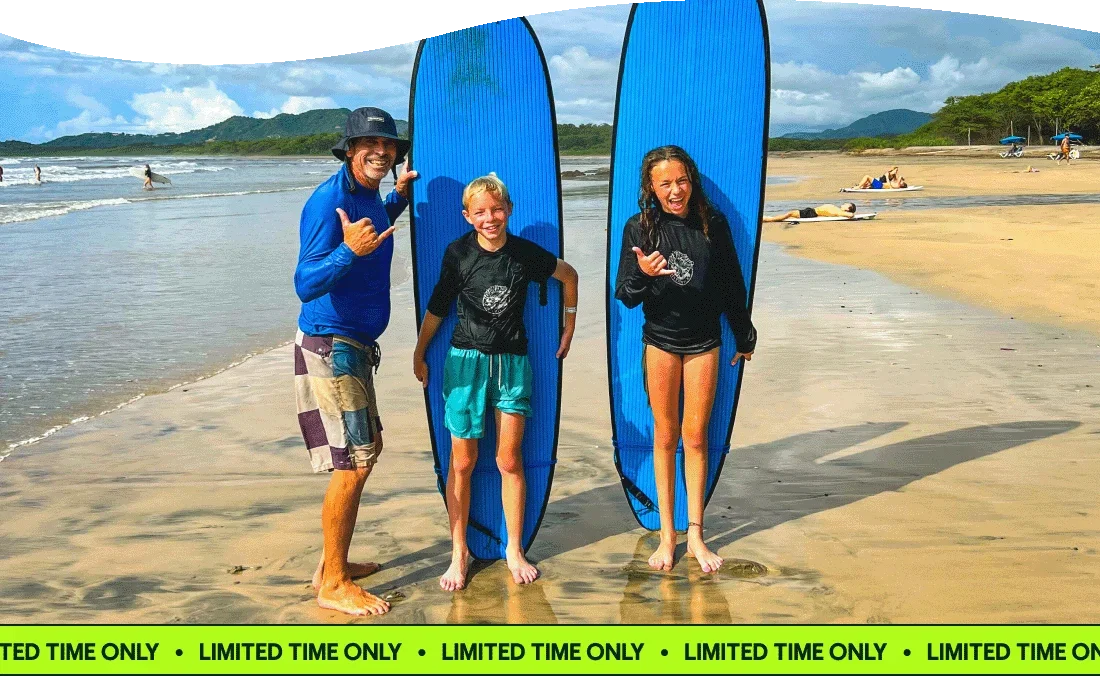 Image Description: Three people standing on a beach in front of surfboards. A “LIMITED TIME” banner is on the image.
