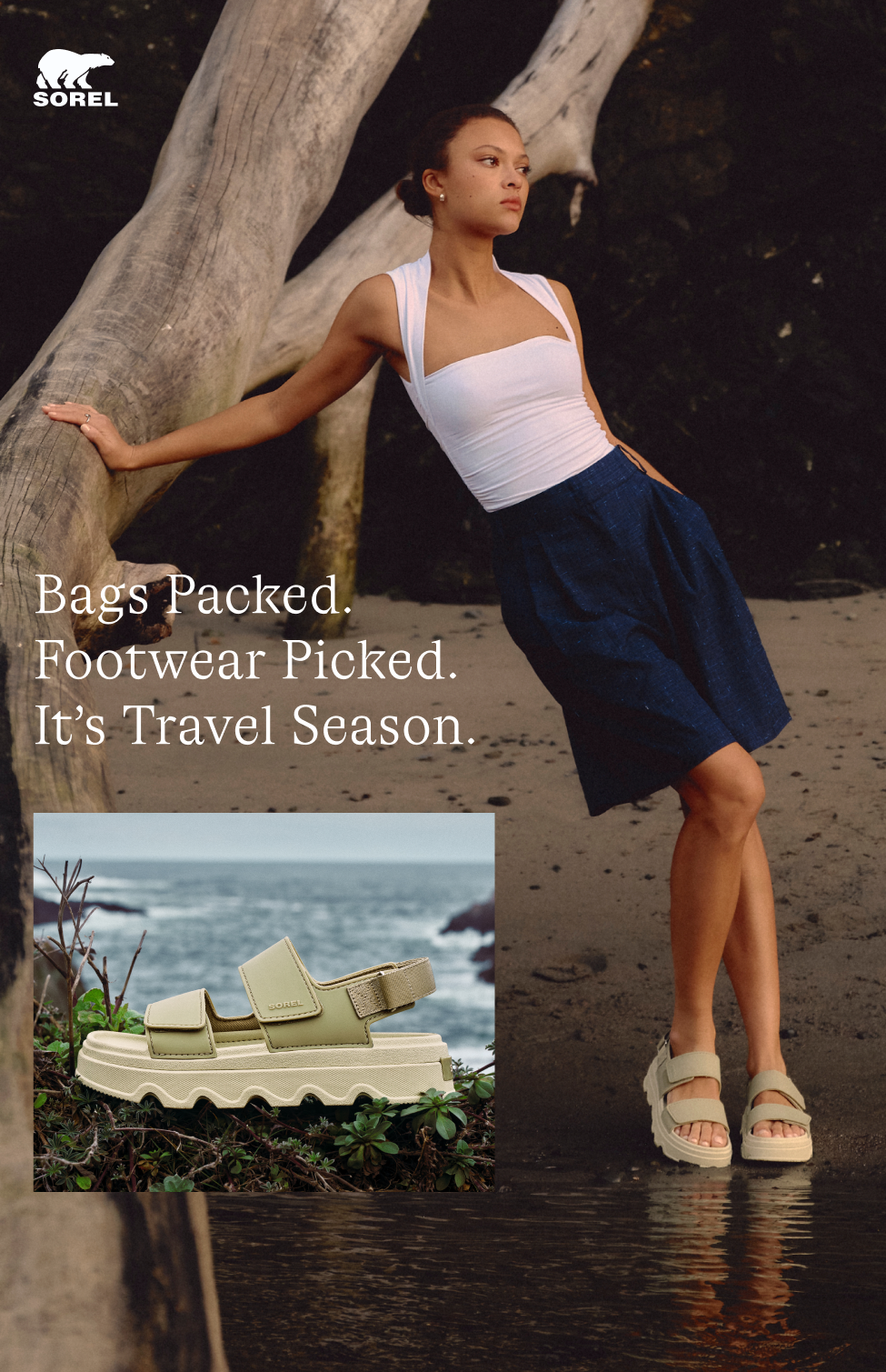 Bags Packed. Footwear Picked. It's Travel Season. -- Woman wearing Kinetic™ Sunchase Ankle Strap in Light Aloe