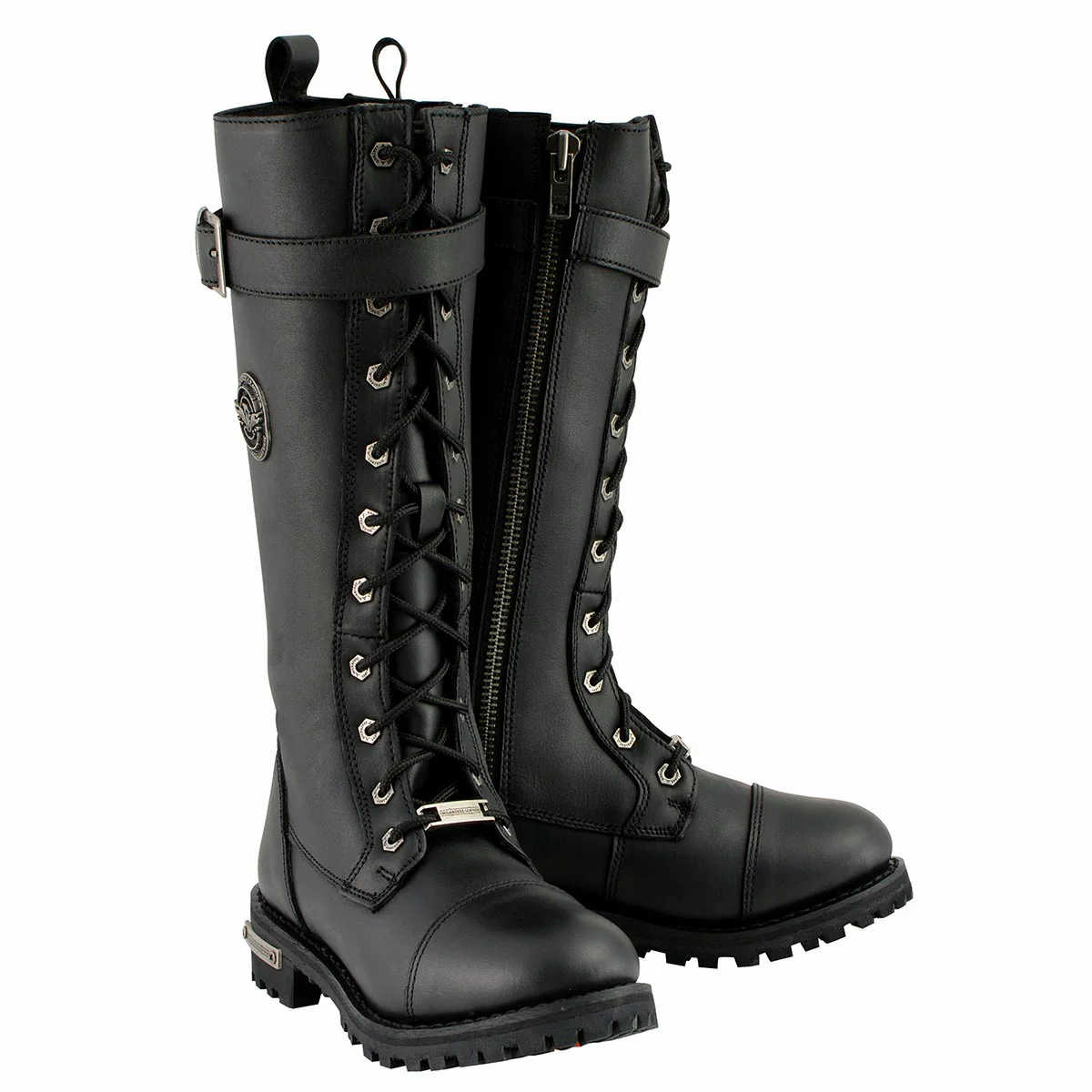 Image of Milwaukee Leather Women's Wide-Width Black 14-inch Lace-Up High-Rise Leather Biker Rider Boots with Calf Buckle MBL9355W