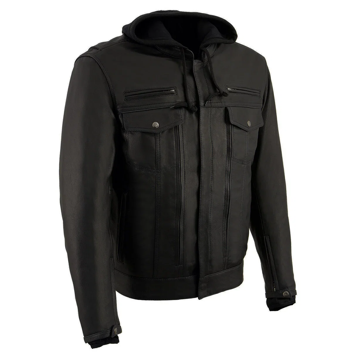 Image of Milwaukee Leather MLM1537 Men's Black Leather ‘Utility Pocket’ Vented Jacket with Removable Hoodie