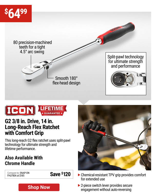ICON G2 3/8 in. Drive, 14 in. Long-Reach Flex Ratchet with Comfort Grip