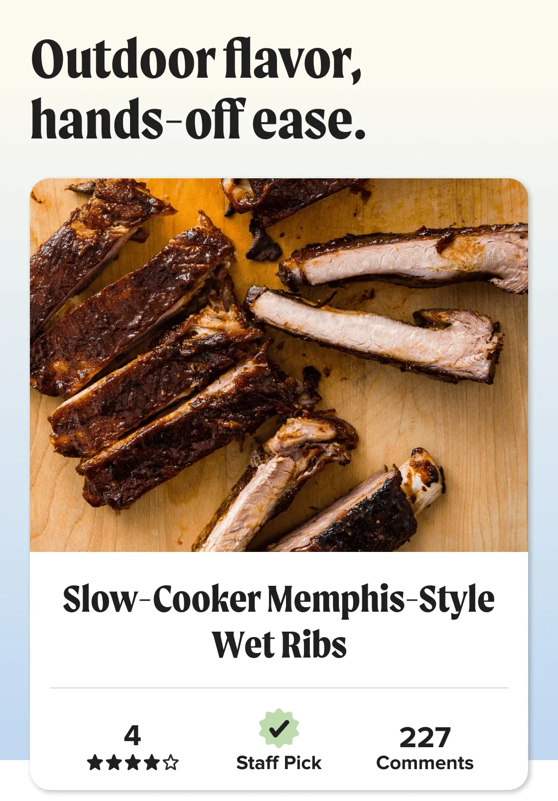 Slow-Cooker Memphis-Style Wet Ribs. Outdoor flavor, 
hands-off ease. Star Rating: 4 out of 5 stars.