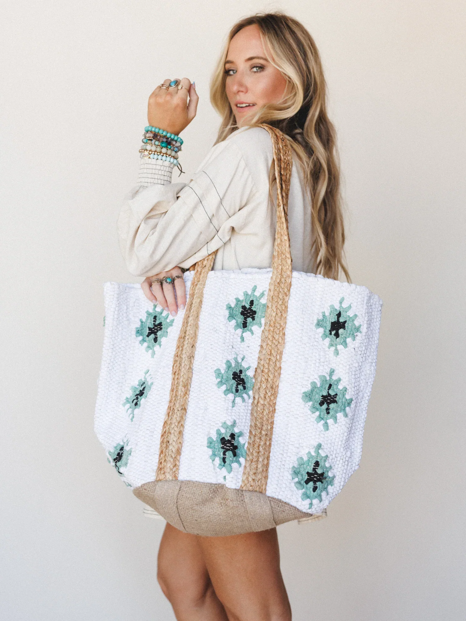 Image of Flower Keeper Tote - Ivory Teal