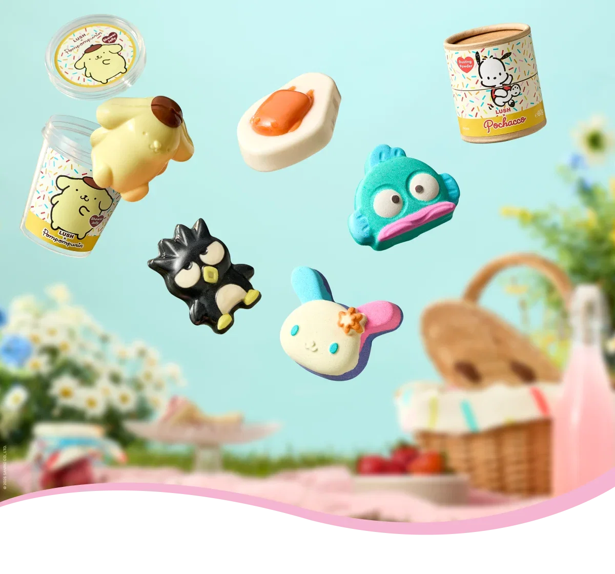 A group shot of all products from the Lush × Sanrio Characters collection having a picnic