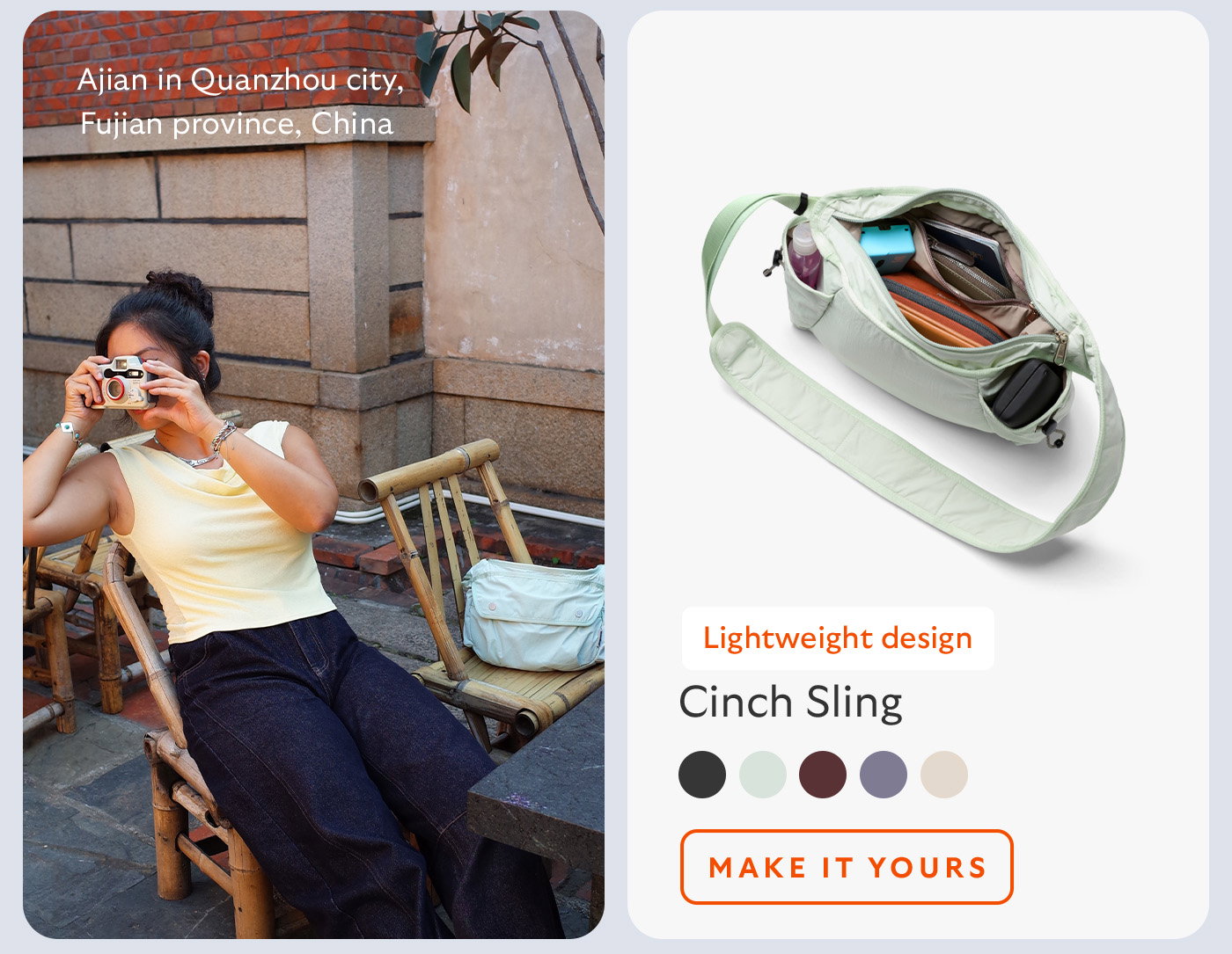[Product name] Cinch Sling [Starburst] Lightweight design [Image caption] A Jian in Quanzhou city, Fujian province, China