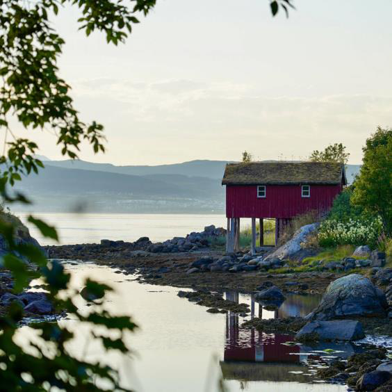 Red cabin by the water in northern Norway
