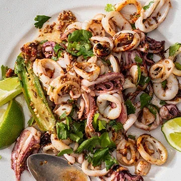 Pan-Seared Squid with Serrano Chile, Whole Spices, and Lime