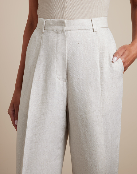 Stone Pleated Wide Leg Linen Trousers