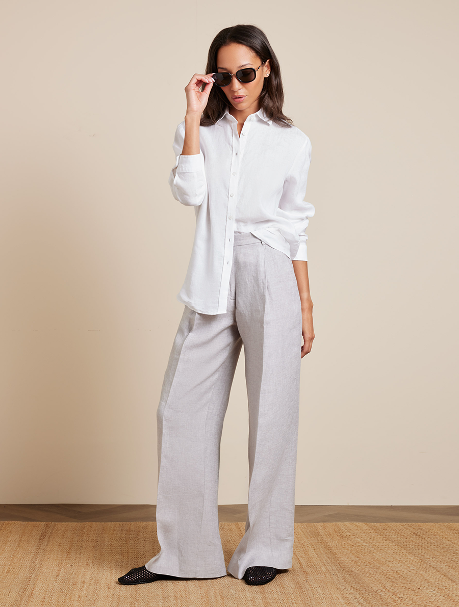 Light Grey Pleated Wide Leg Linen Trousers