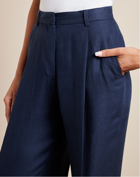 Navy Pleated Wide Leg Linen Trousers