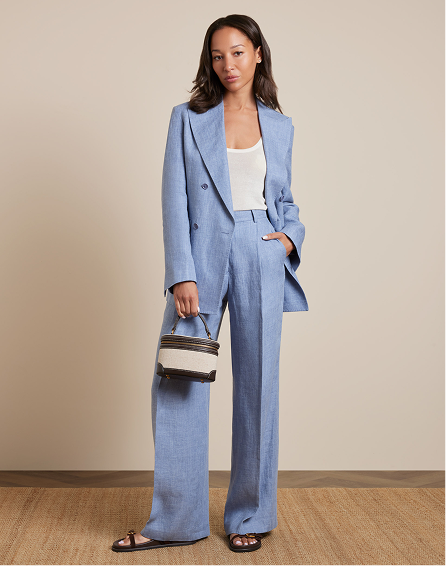 Blue Pleated Wide Leg Linen Trousers