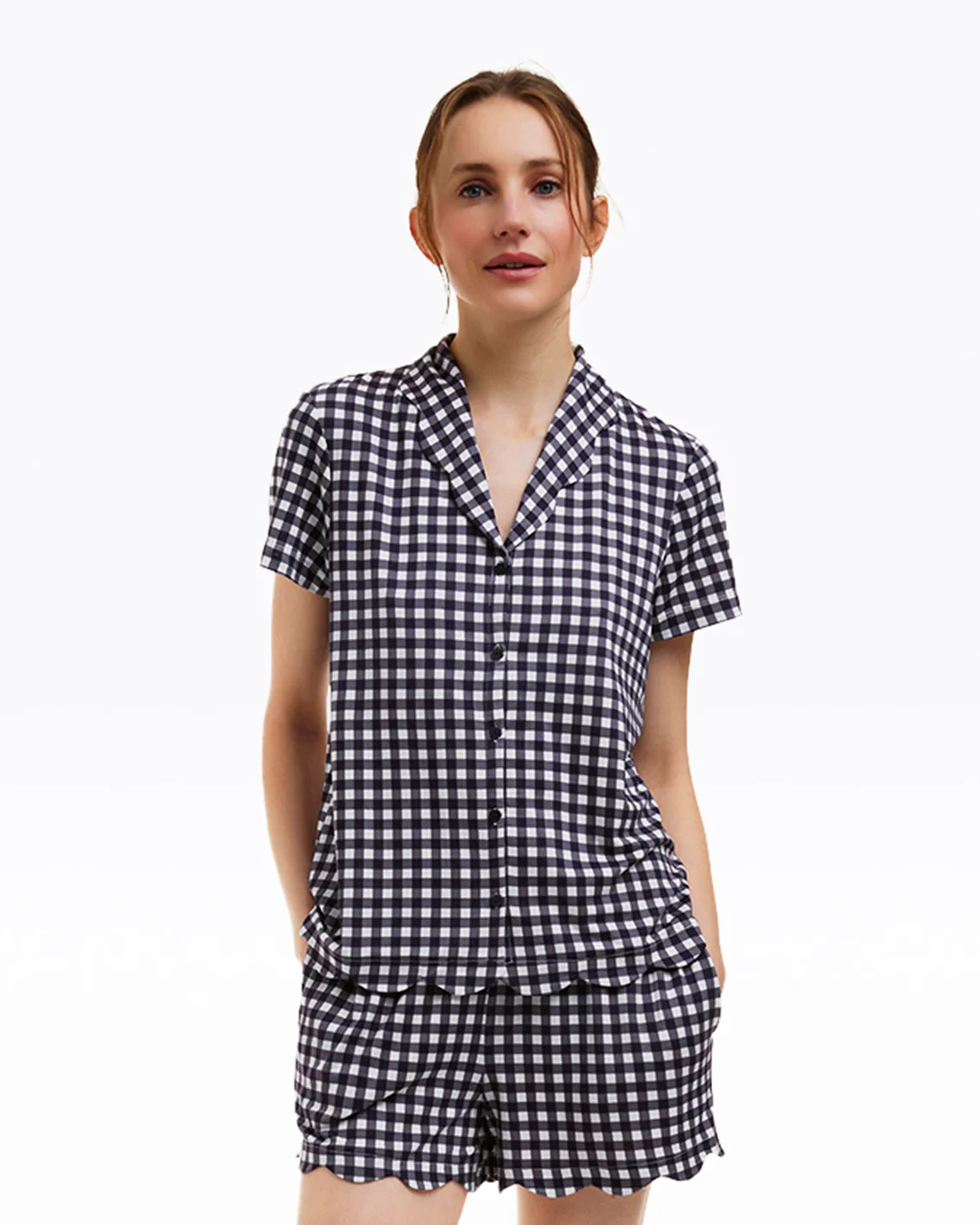 Image of Scallop Sara Pajama Set in Navy Gingham
