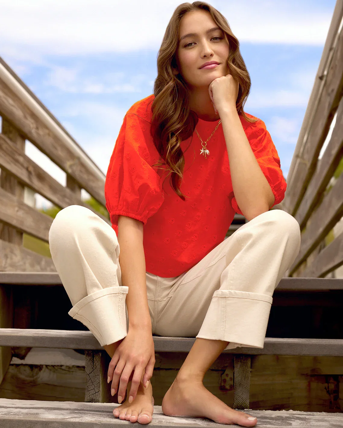 Image of Short Sleeve Top in Embroidered Flower