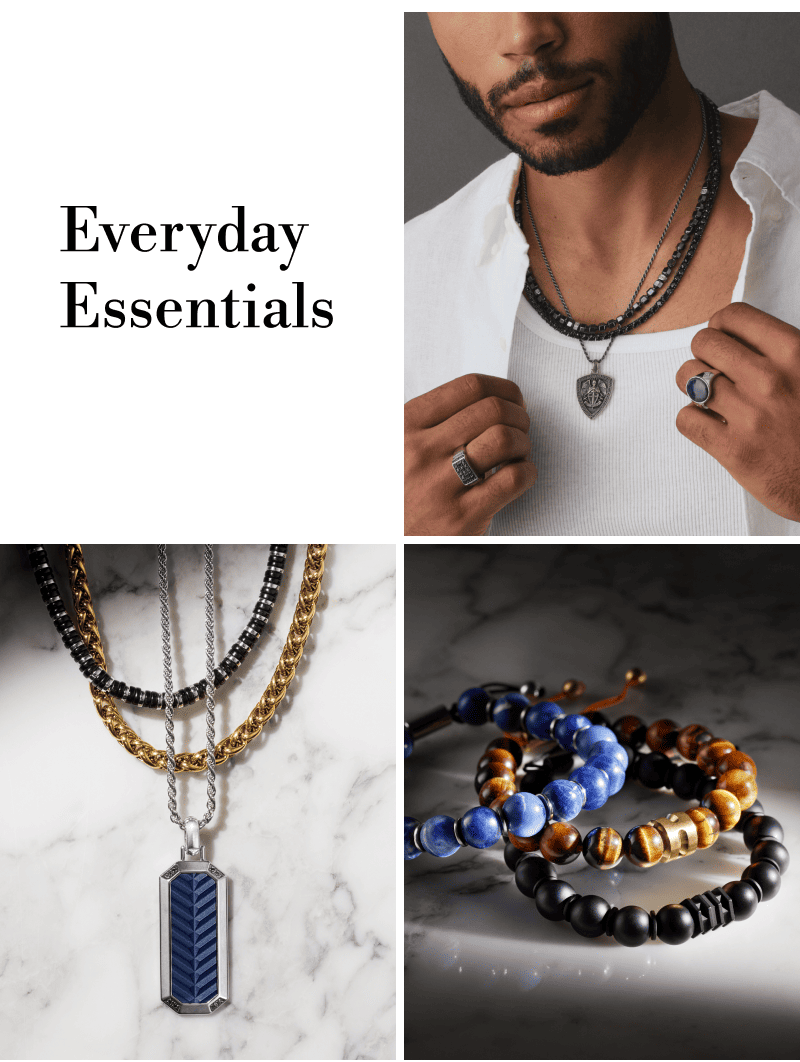 Male model and a variety of men’s necklaces, rings, and beaded bracelets. Everyday Essentials. 