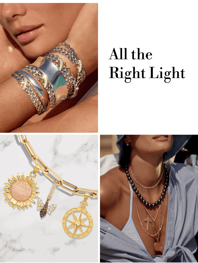 Women with a variety of necklaces, bracelets and charms. All the Right Light. 
