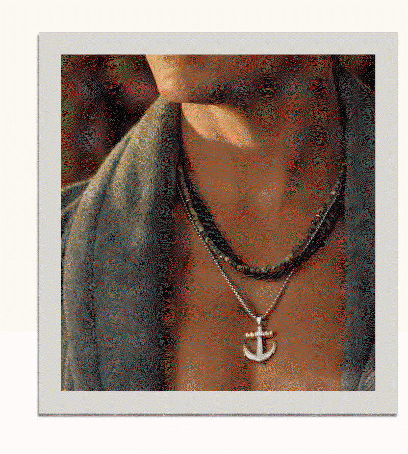 Rotating polaroid frames of two male models wearing layered necklaces and a pile of bracelets.
