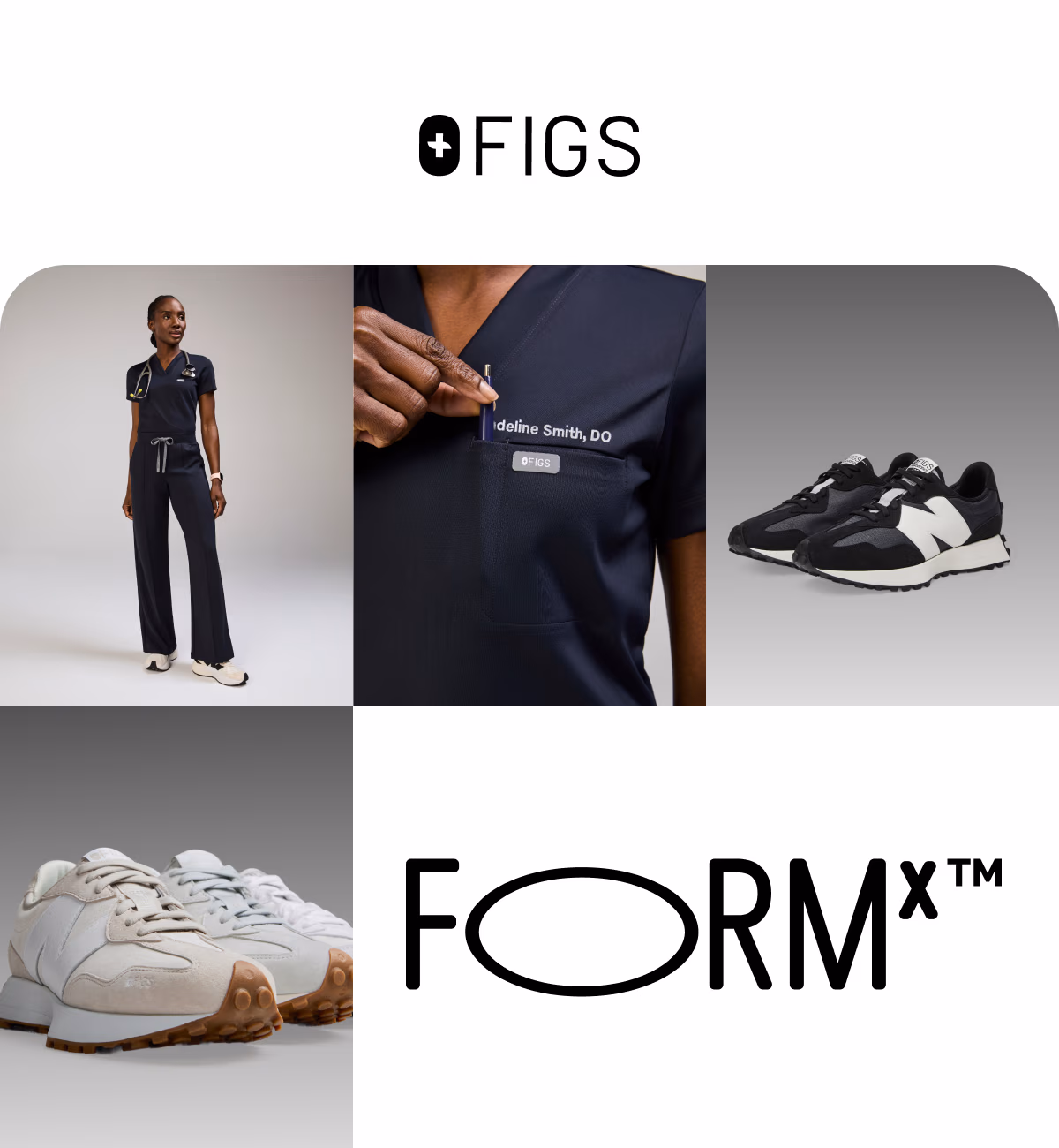 Streamlined and sculptural FORMx™ scrubs + the iconic FIGS | New Balance 327.