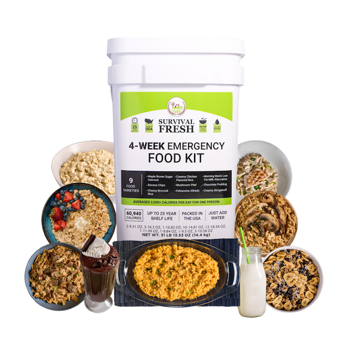 Survival Fresh 4-week emergency food kit with various meals and a large bucket.
