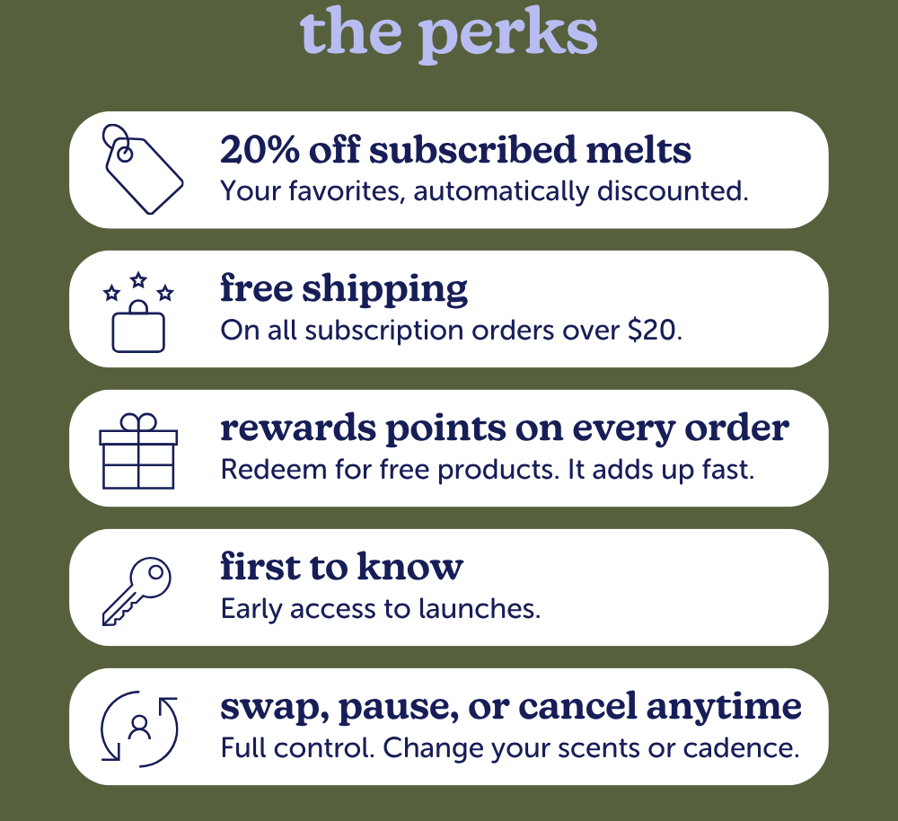 the perks: 20% off subscribed melts, free shipping, rewards points on every order, first to know, swap, pause, or cancel anytime.