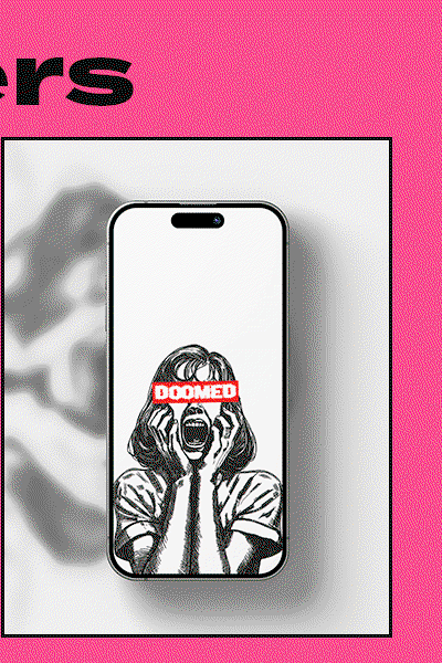 Redeem this Doomed Worldwide digital wallpaper | A black and white illustration of the 'Psycho' pose, with the woman's face covered by the brand's logo