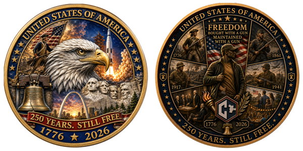 250th Anniversary Freedom with a Gun Commemorative Coin, front and back