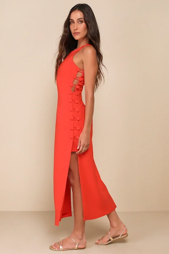 Image of Masterfully Mod Bright Orange Side Button Midi Dress