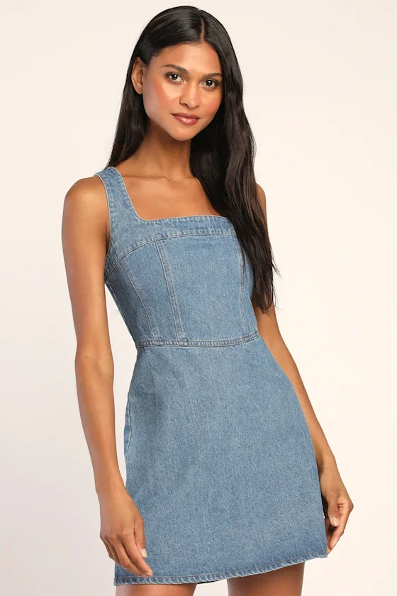 Image of So Delighted Medium Wash Denim Corset Seam Mini Dress
