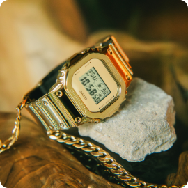 G-Shock Men's 5600 Digital Gold Dial Gold Silicone Strap 43mm Watch GM5600YMG-9