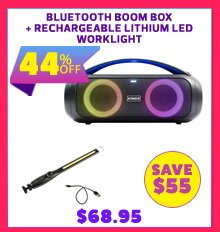 Bluetooth Boom Box + Rechargeable Lithium LED Worklight