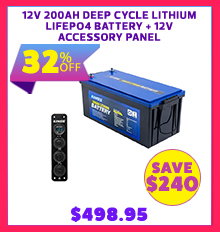 12V 200Ah Deep Cycle Lithium LiFePO4 Battery + 12V Accessory Panel