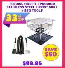 Folding Firepit + Premium Stainless Steel Firepit Grill + BBQ Tools