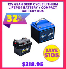 12V 65Ah Deep Cycle Lithium LiFePO4 Battery + Compact Battery Box