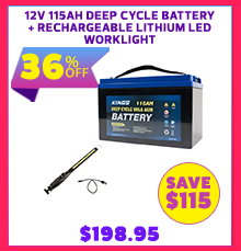 12V 115Ah Deep Cycle Battery + Rechargeable Lithium LED Worklight