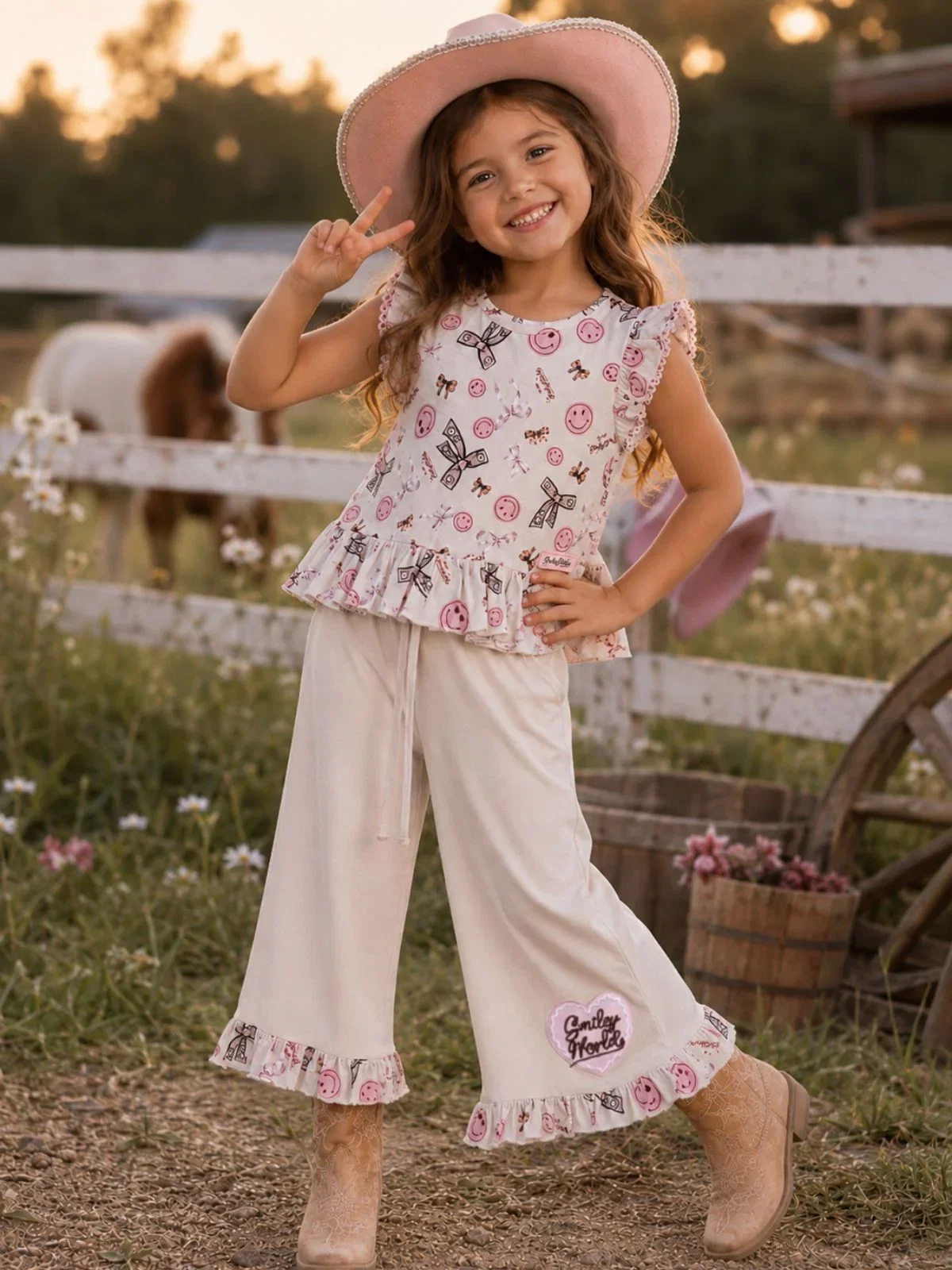 Image of SmileyWorld Bow Print Peplum Top & Wide Leg Pant Set